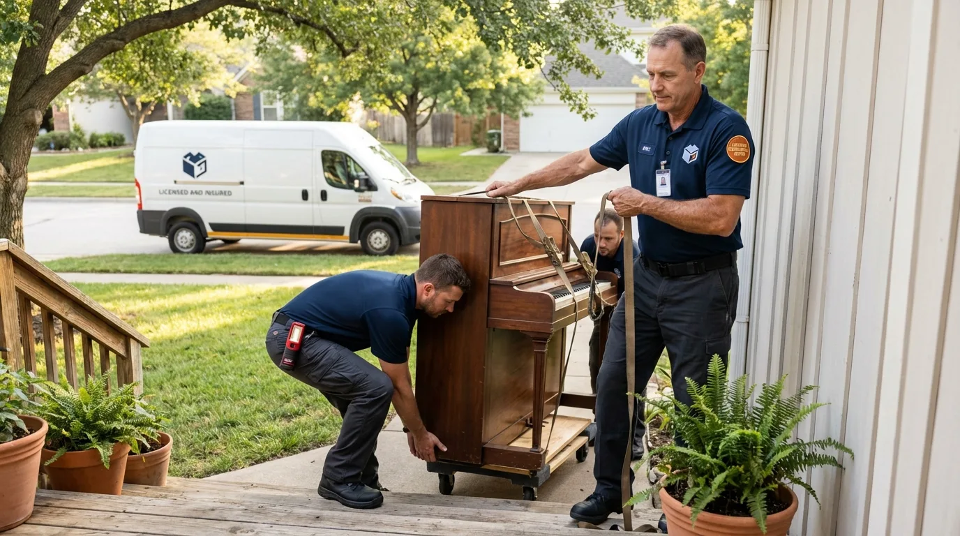Licensed piano movers securing grand piano in Mount Sterling, OH