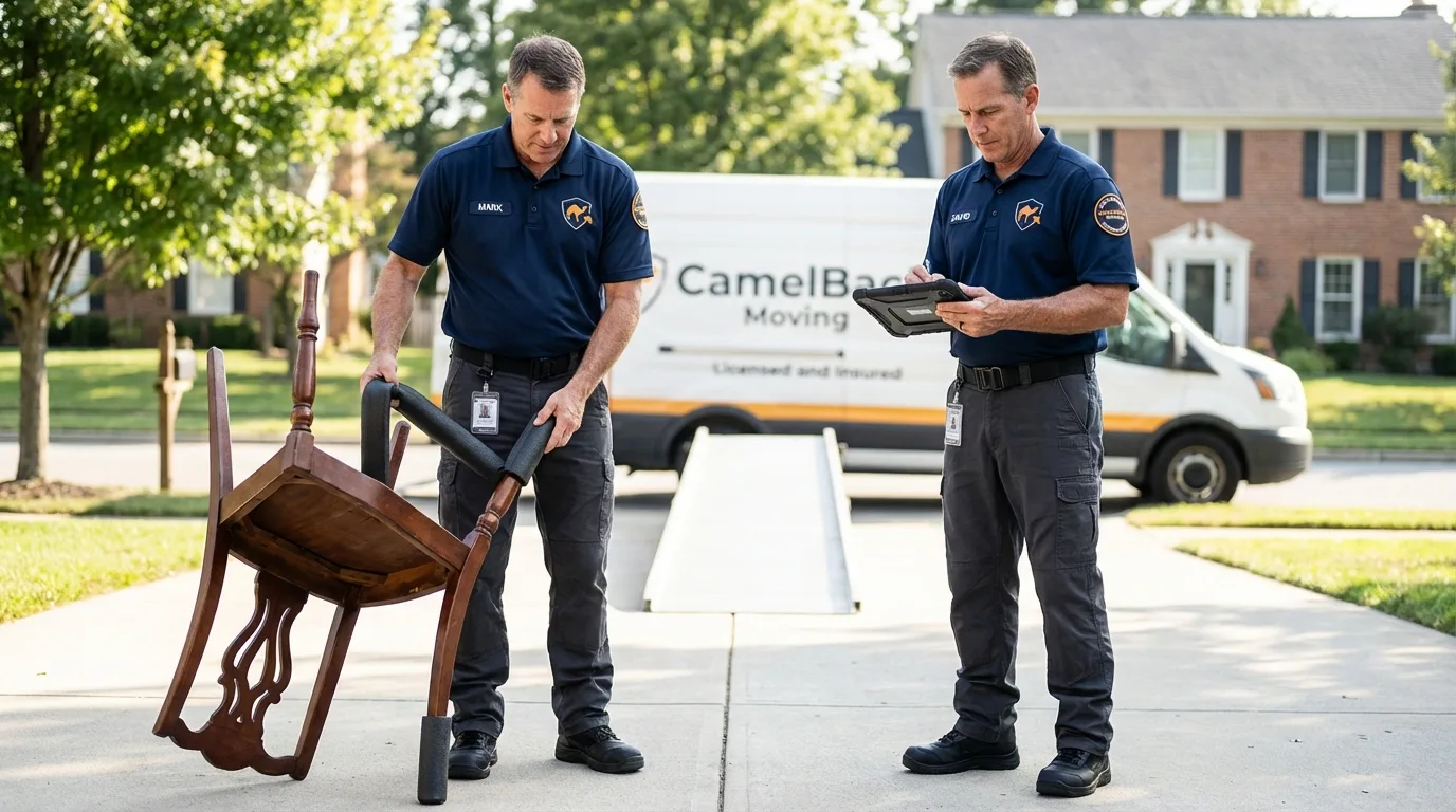 Movers inspecting furniture for damage prevention before loading in Mount Sterling, OH